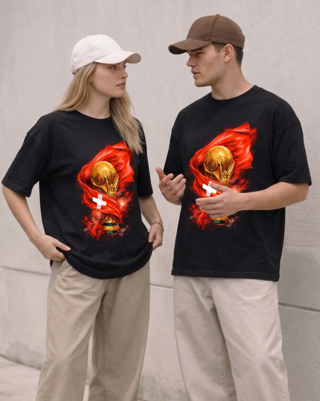 T-shirt de supporter unisexe Coupe du Monde de Football 2026 Drapeau Suisse & Trophée Flamme Édition