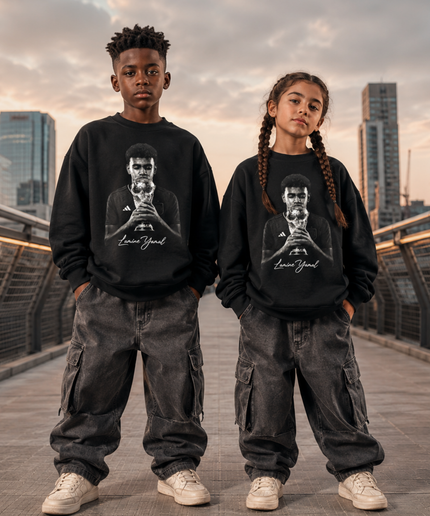 Lamine Yamal Trophy Kiss Black & White Portrait Kids Fan Crewneck