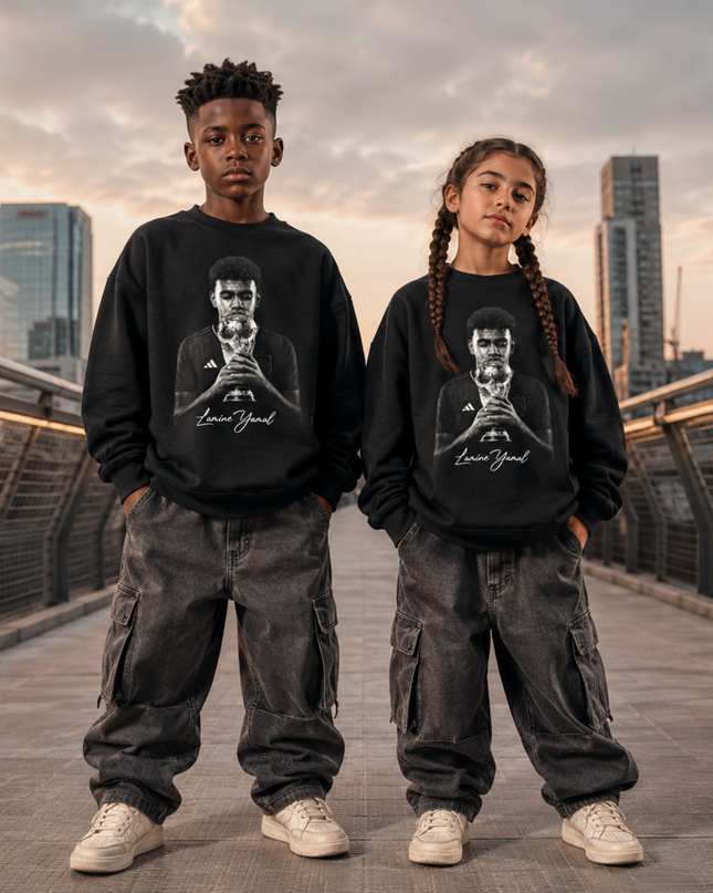 Lamine Yamal Trophy Kiss Black & White Portrait Kids Fan Crewneck