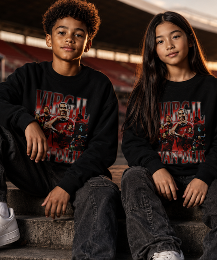 Virgil Van Dijk Pays-Bas Liverpool Rouge Noir Vintage Rap Bootleg Collage Multi-Joueurs Enfants Col Ras du Cou Fan