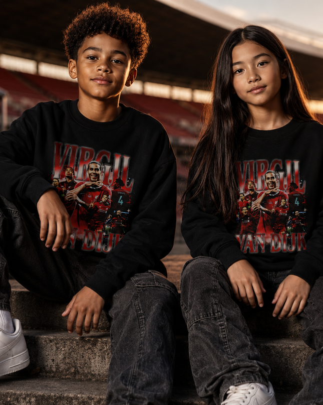 Virgil Van Dijk Pays-Bas Liverpool Rouge Noir Vintage Rap Bootleg Collage Multi-Joueurs Enfants Col Ras du Cou Fan