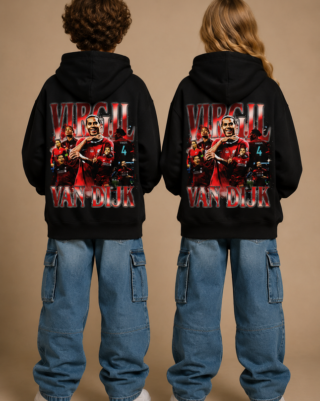 Sweat à capuche enfant fan Virgil Van Dijk #4 Liverpool, motif collage rétro