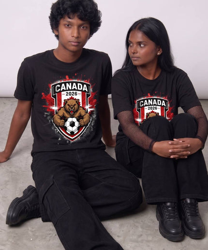 T-shirt unisexe de supporter Canada 2026 Coupe du Monde de Football Ours Grizzly Blason Bouclier