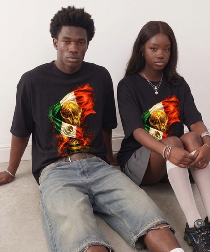T-shirt unisexe fan Coupe du Monde 2026 Mexique Drapeau Flamme Trophée Football