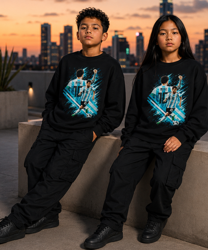 Lionel Messi Argentina #10 Back-Pose MESSI 10 Teal Blue Brush Stroke Dual-Pose Black Kids Fan Crewneck