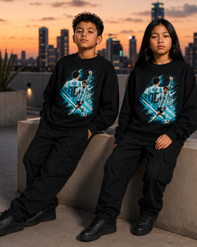 Lionel Messi Argentina #10 Back-Pose MESSI 10 Teal Blue Brush Stroke Dual-Pose Black Kids Fan Crewneck