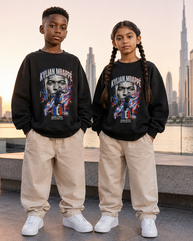 Kylian Mbappé France #10 Qualified Copa del Mundo 2026 Red Blue Fire Face Portrait Kids Fan Crewneck