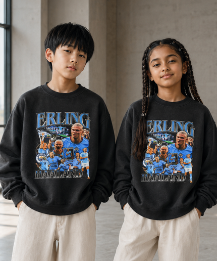 Erling Haaland Manchester City Blue Grey Most Goals Vintage Bootleg Multi-Pose Collage Kids Fan Crewneck