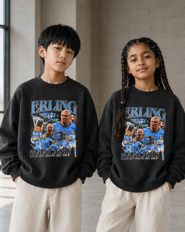 Erling Haaland Manchester City Bleu Gris Meilleur Buteur Vintage Bootleg Collage Multi-Pose Enfant Fan Col Rond