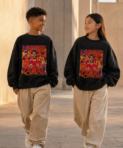 Lamine Yamal Spain #19 Red Fire Vintage Bootleg Multi-Pose Kids Fan Crewneck