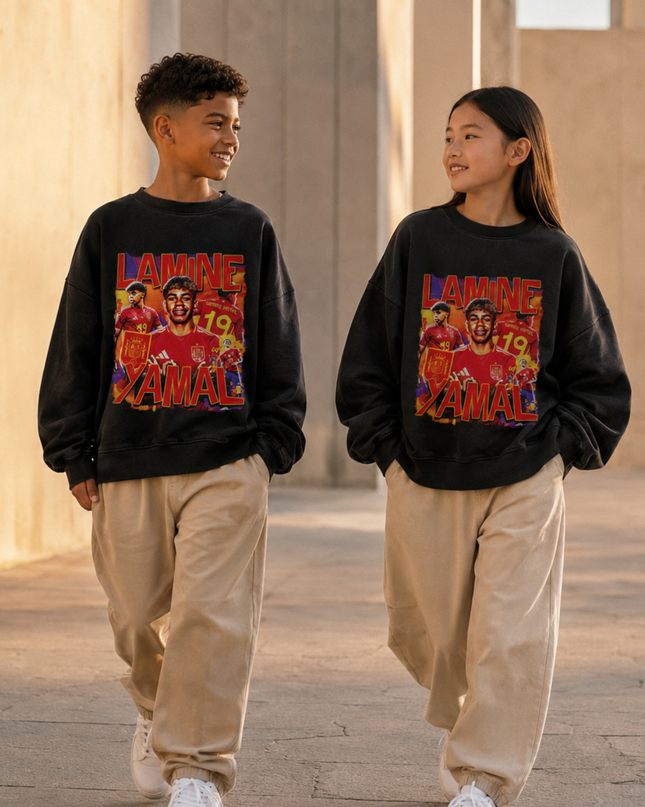 Lamine Yamal Spain #19 Red Fire Vintage Bootleg Multi-Pose Kids Fan Crewneck
