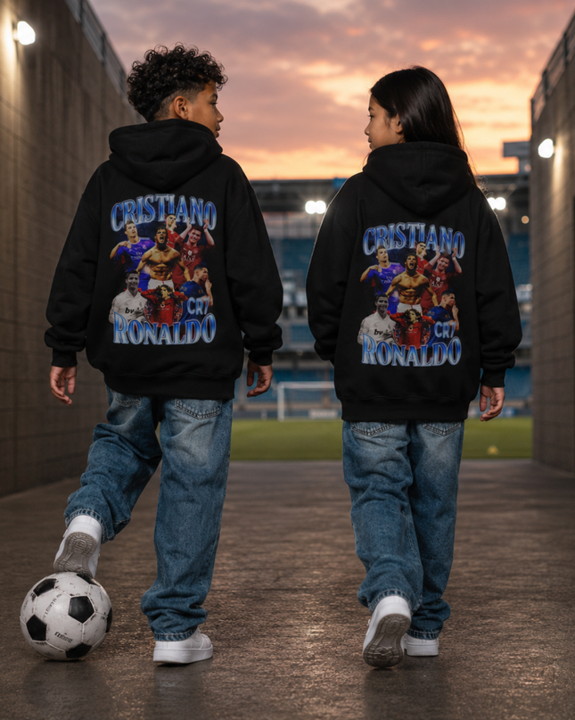 Cristiano Ronaldo CRISTIANO CR7 RONALDO Blue Chrome Multi-Era Celebration Collage Kids Fan Hoodie