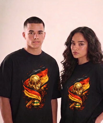 T-Shirt unisexe « Coupe du Monde 2026 » Motif : Allemagne, Trophée de la Coupe du Monde, Drapeau, Feu, Cinématique, Football