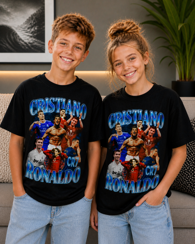 Cristiano CR7 Ronaldo Blue Chrome Vintage Kids Fan T-Shirt