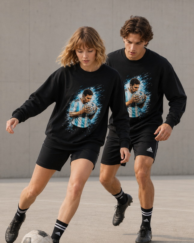 Lionel Messi Argentina Ball Kiss Blue Teal Crystal Explosion Portrait Unisex Fan Crewneck
