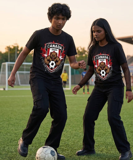 T-shirt unisexe de supporter Canada 2026 Coupe du Monde de Football Ours Grizzly Blason Bouclier