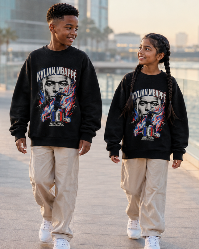 Kylian Mbappé France #10 Qualified Copa del Mundo 2026 Red Blue Fire Face Portrait Kids Fan Crewneck