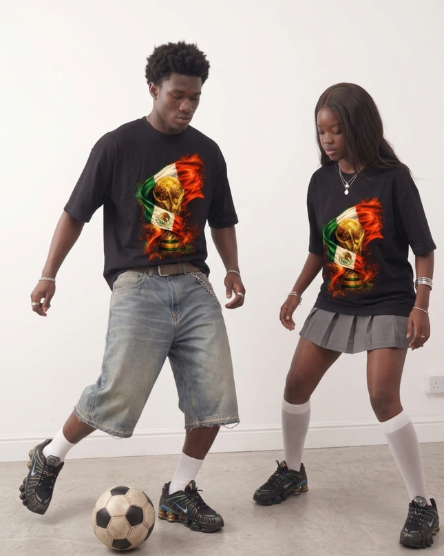 T-shirt unisexe fan Coupe du Monde 2026 Mexique Drapeau Flamme Trophée Football