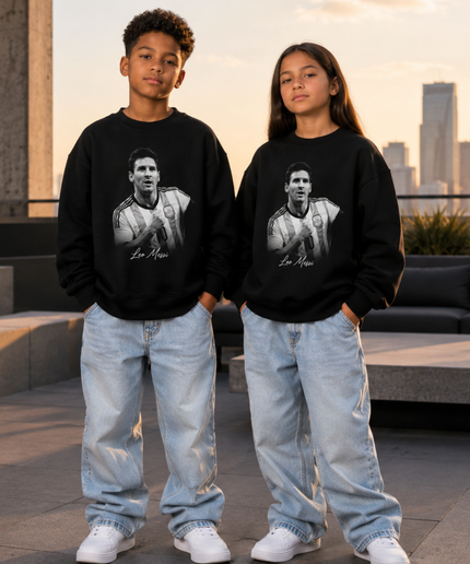 Lionel Messi Argentina Leo Messi Black White Grayscale Cursive Script Portrait Black Kids Fan Crewneck