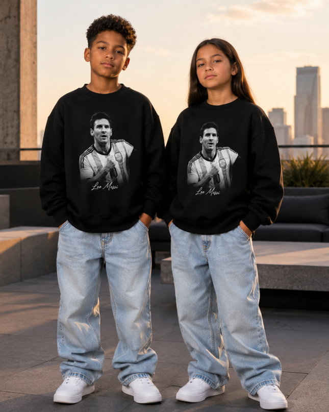 Lionel Messi Argentina Leo Messi Black White Grayscale Cursive Script Portrait Black Kids Fan Crewneck