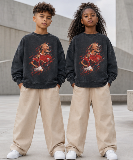 Erling Haaland Norway #9 Red Black Paint Splash Screaming Celebration Dual-Pose Kids Fan Crewneck