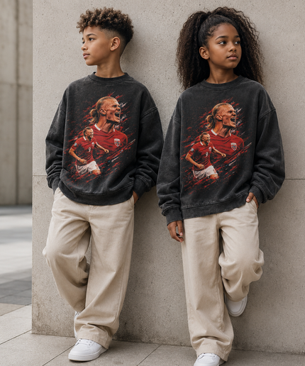Erling Haaland Norway #9 Red Black Paint Splash Screaming Celebration Dual-Pose Kids Fan Crewneck