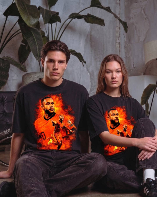 T-shirt unisexe Memphis Depay #10 Pays-Bas Oranje Fire Duo Bootleg