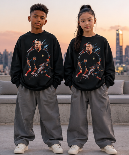 Kylian Mbappé France Action Double-Pose Peinture Éclaboussure Enfants Fan Col Rond