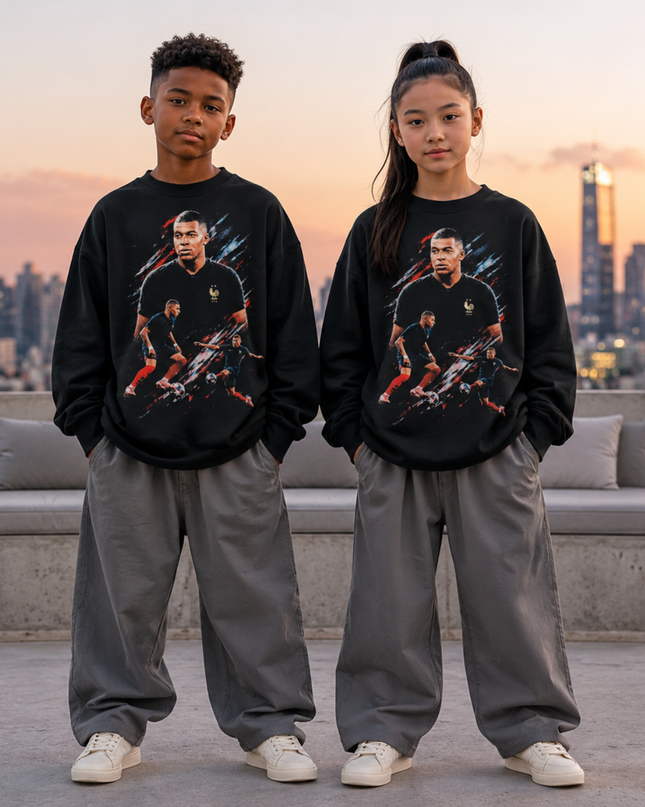 Kylian Mbappé France Action Dual-Pose Paint Splash Kids Fan Crewneck
