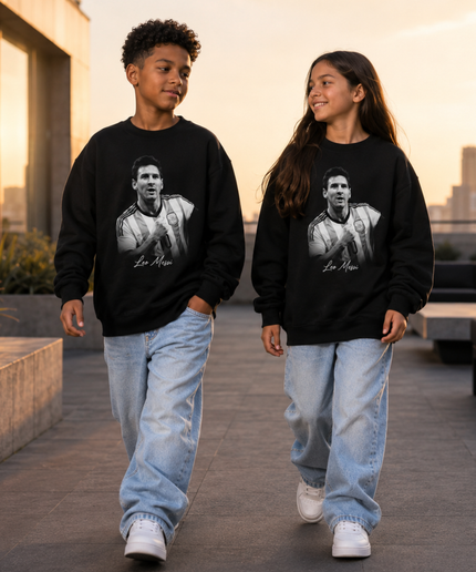 Lionel Messi Argentina Leo Messi Black White Grayscale Cursive Script Portrait Black Kids Fan Crewneck