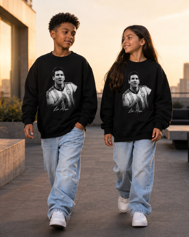 Lionel Messi Argentina Leo Messi Black White Grayscale Cursive Script Portrait Black Kids Fan Crewneck