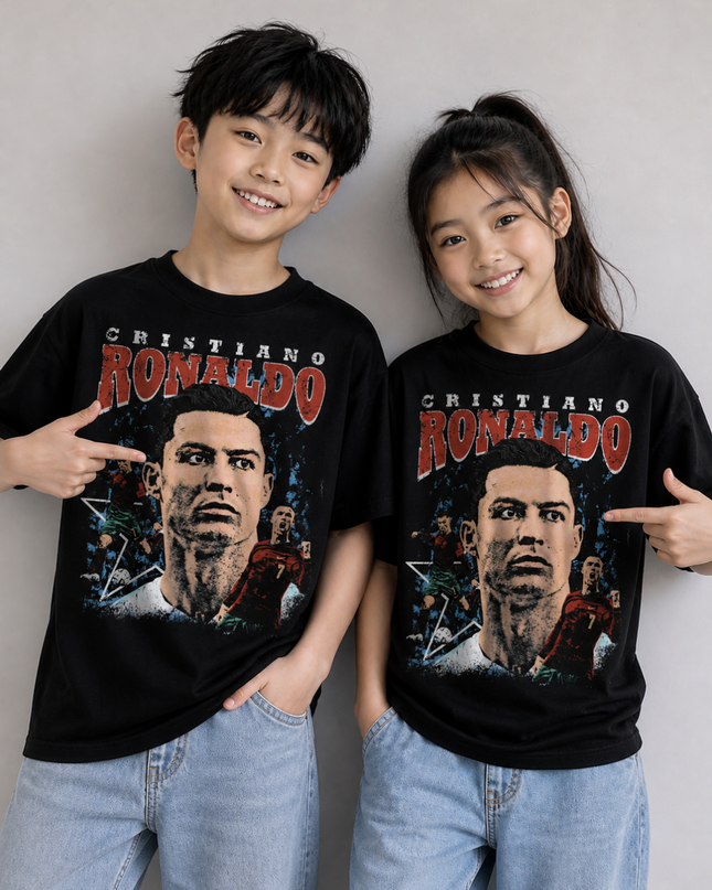 Cristiano Ronaldo Distressed Portrait Vintage Kids Fan T-Shirt