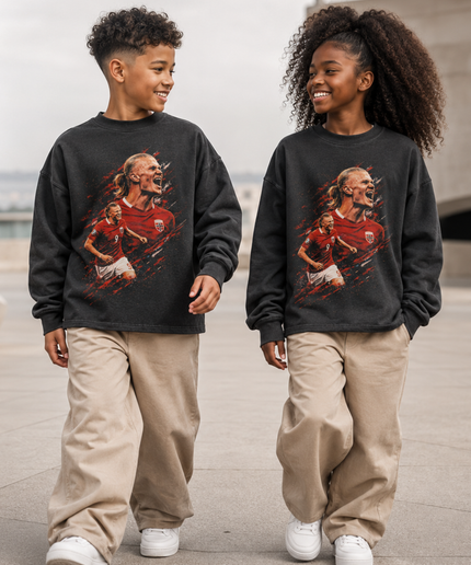 Erling Haaland Norway #9 Red Black Paint Splash Screaming Celebration Dual-Pose Kids Fan Crewneck