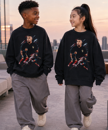 Kylian Mbappé France Action Double-Pose Peinture Éclaboussure Enfants Fan Col Rond