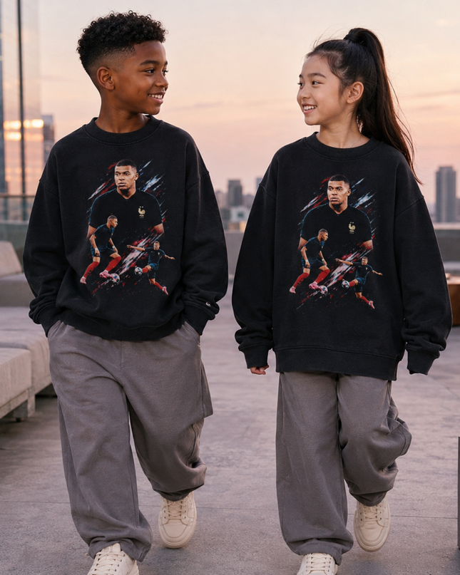 Kylian Mbappé France Action Dual-Pose Paint Splash Kids Fan Crewneck