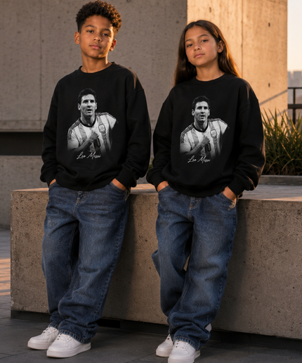 Lionel Messi Argentina Leo Messi Black White Grayscale Cursive Script Portrait Black Kids Fan Crewneck