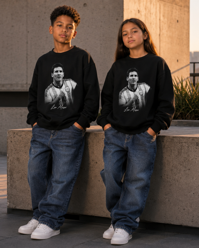 Lionel Messi Argentina Leo Messi Black White Grayscale Cursive Script Portrait Black Kids Fan Crewneck