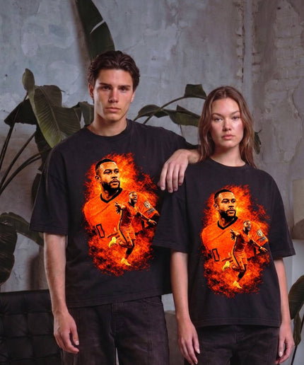 T-shirt unisexe Memphis Depay #10 Pays-Bas Oranje Fire Duo Bootleg