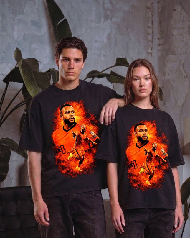 T-shirt unisexe Memphis Depay #10 Pays-Bas Oranje Fire Duo Bootleg
