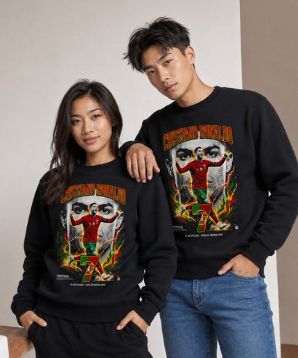 Cristiano Ronaldo Portugal Classificado Copa do Mundo 2026 Fire Lightning Face Action Unisex Fan Crewneck