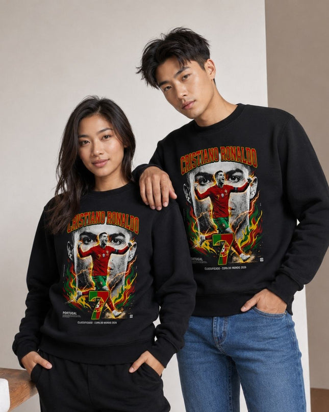 Cristiano Ronaldo Portugal Classificado Copa do Mundo 2026 Fire Lightning Face Action Unisex Fan Crewneck