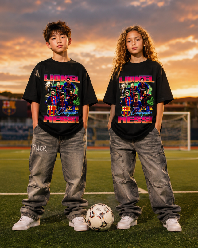T-shirt enfant Lionel Messi Barcelone Champions 05/06 Collage Néon