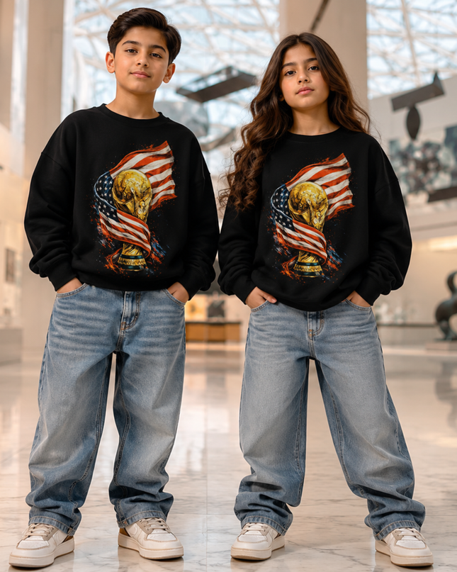 USA World Cup Trophy Flag Kids Fan Crewneck