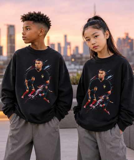 Kylian Mbappé France Action Double-Pose Peinture Éclaboussure Enfants Fan Col Rond