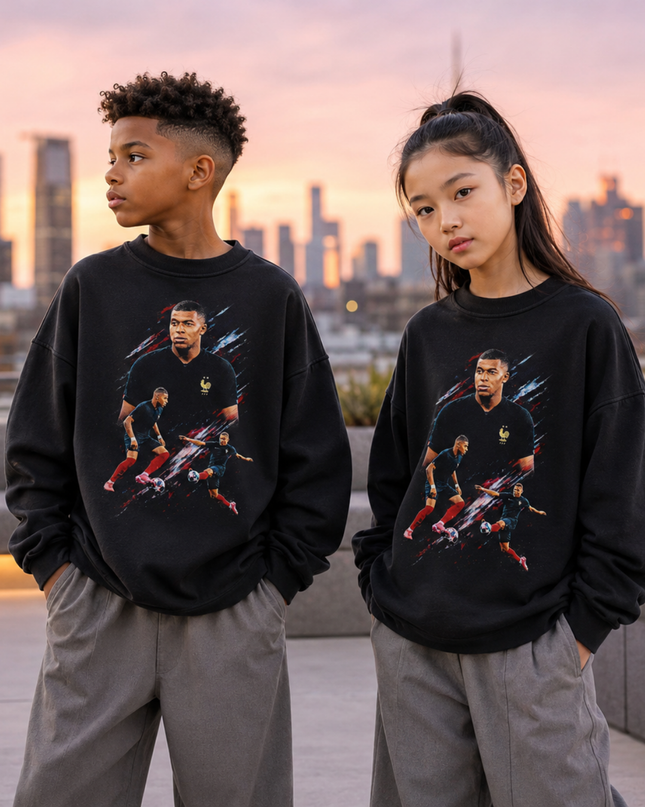 Kylian Mbappé France Action Dual-Pose Paint Splash Kids Fan Crewneck