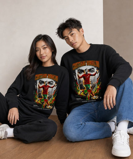 Cristiano Ronaldo Portugal Classificado Copa do Mundo 2026 Fire Lightning Face Action Unisex Fan Crewneck