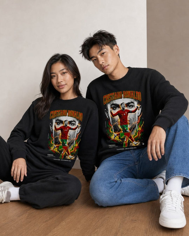 Cristiano Ronaldo Portugal Classificado Copa do Mundo 2026 Fire Lightning Face Action Unisex Fan Crewneck
