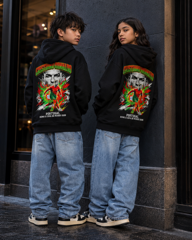Cristiano Ronaldo Portugal Green-Red Fire #7 Rumo a Copa do Mundo 2026 Kids Fan Hoodie