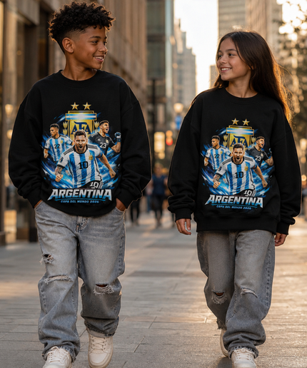 Argentina Messi #10 AFA Crest Blue Lightning Multi-Player Copa del Mundo 2026 Black Kids Fan Crewneck