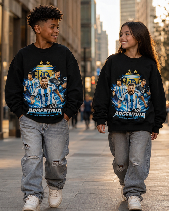 Argentina Messi #10 AFA Crest Blue Lightning Multi-Player Copa del Mundo 2026 Black Kids Fan Crewneck